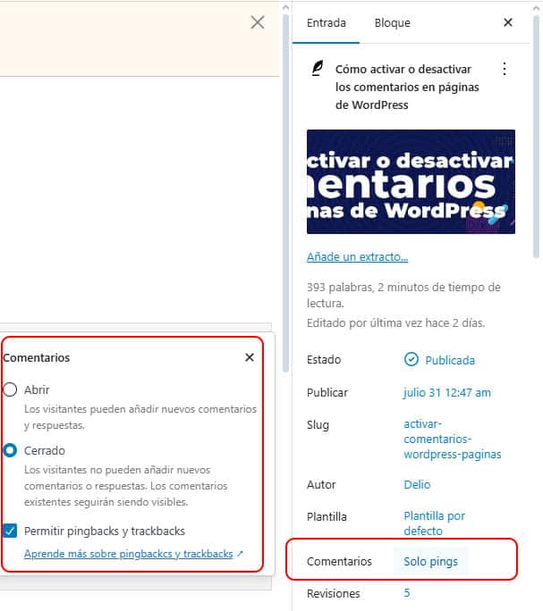 Cómo activar o desactivar los comentarios en páginas de WordPress