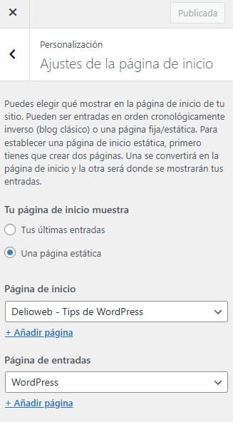 configurar página de inicio WordPress