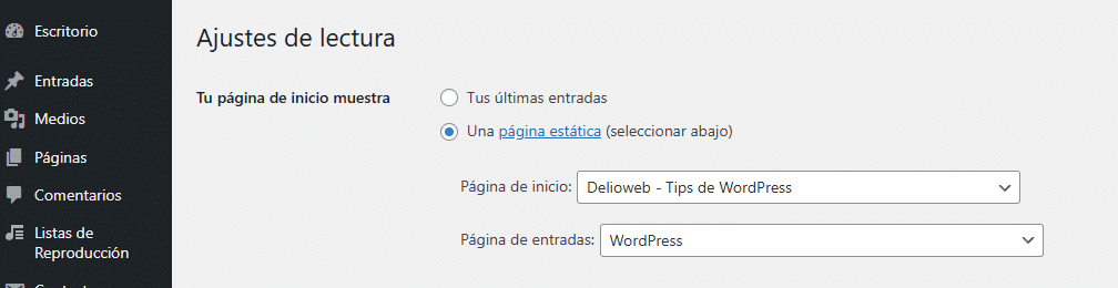 Configurar página de inicio WordPress